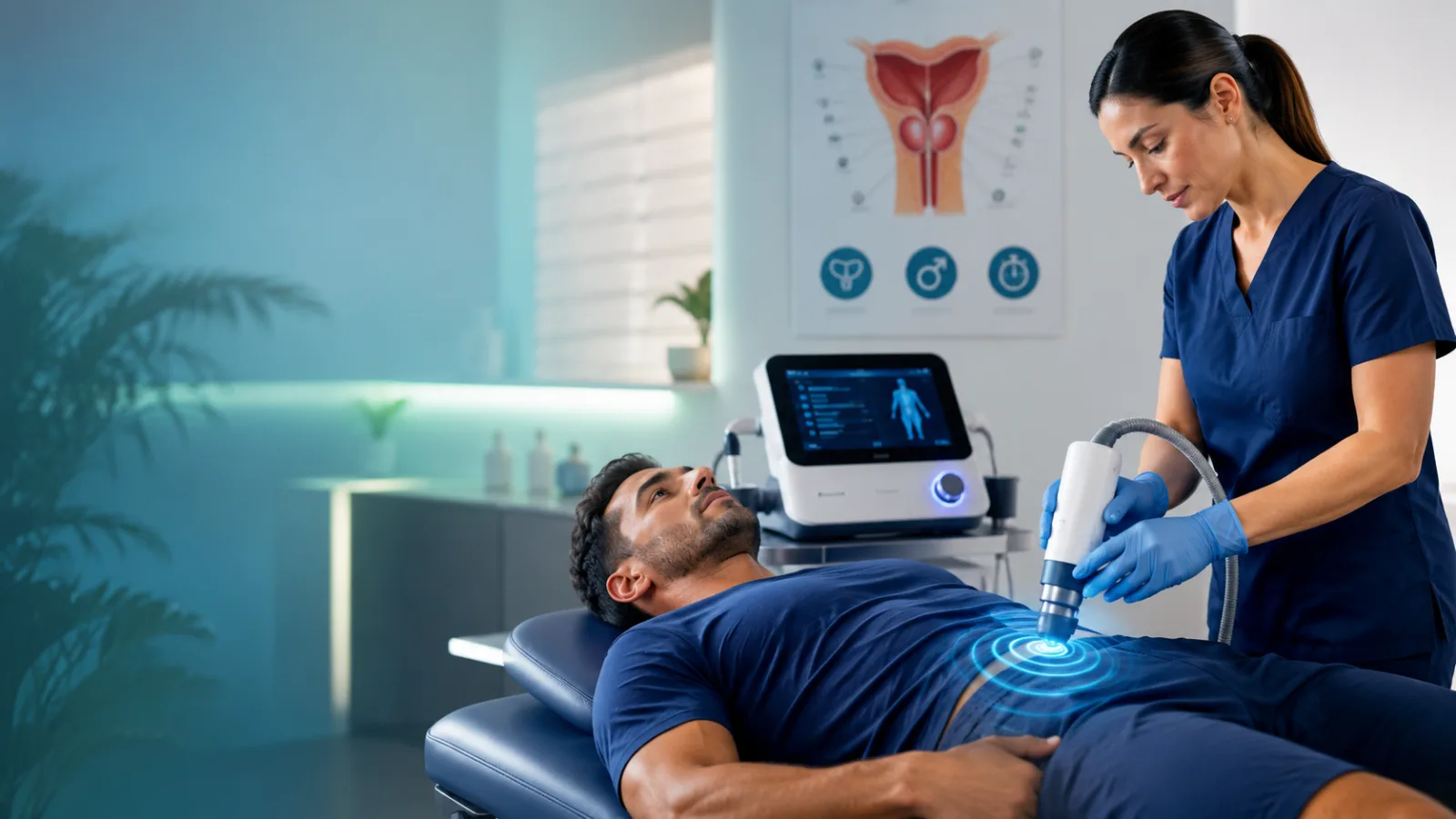 Kinesióloga aplicando ondas de choque para prostatitis en CENPIC
